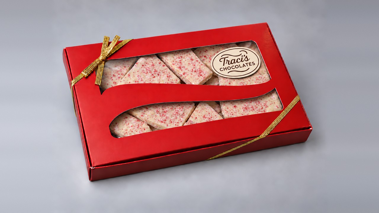 Peppermint bark in a red gift box